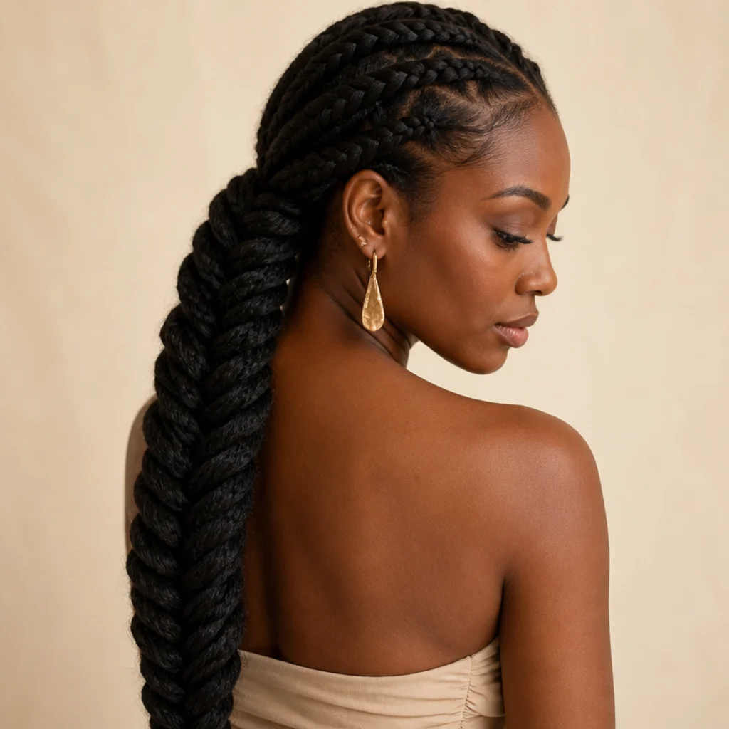 Black woman from a three-quarter back angle wearing jumbo box braids gathered and woven into a single oversized fishtail ponytail down the back