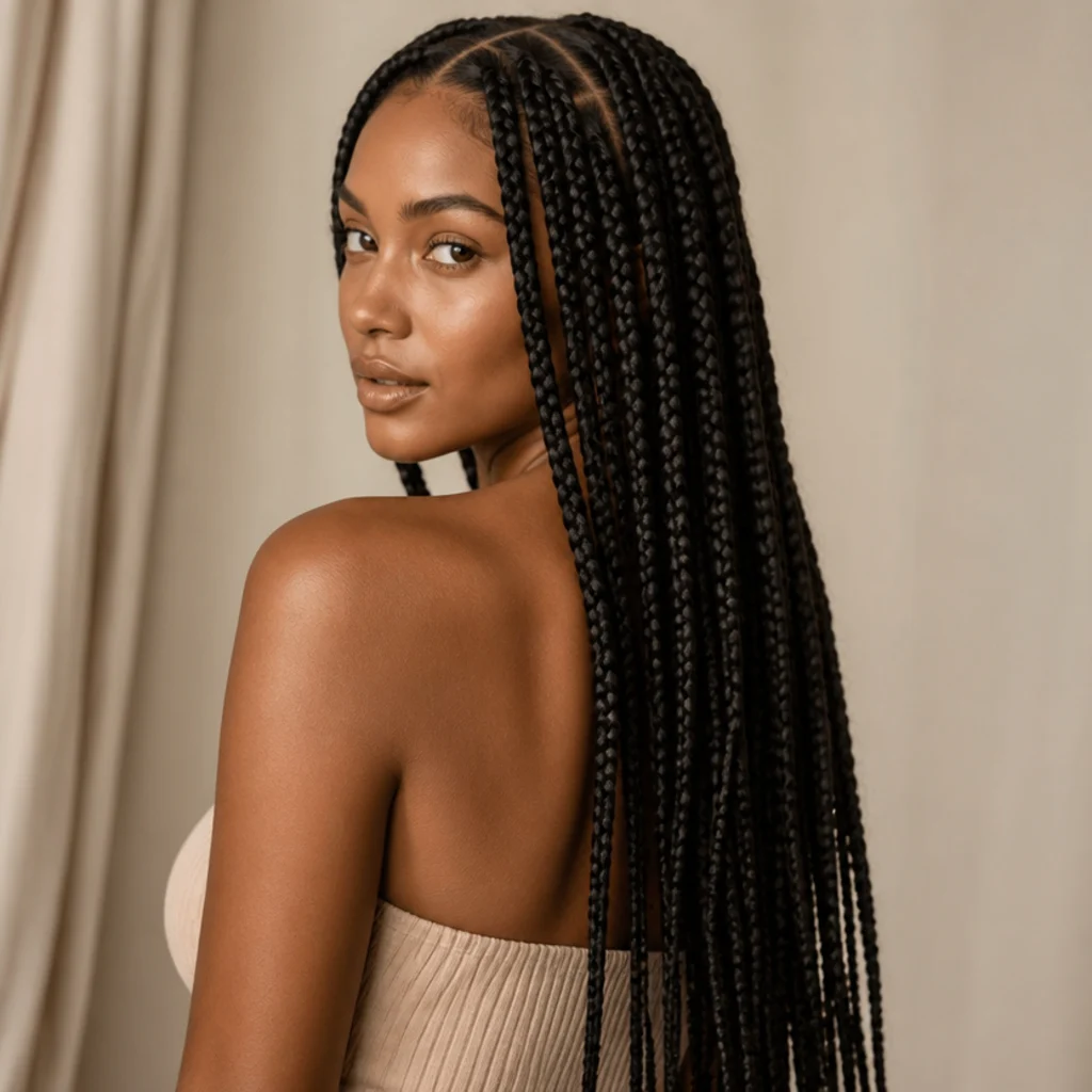 Black woman shown from a three-quarter back angle wearing waist-length jumbo knotless box braids with a clean center part on a warm ivory background