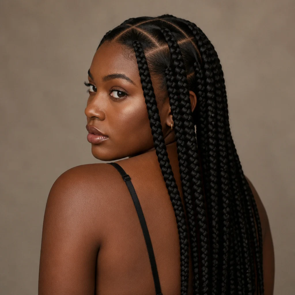 Three-quarter back view of even two-inch square scalp sections in jumbo box braids on deep off-black hair, grid lines crisp and parallel