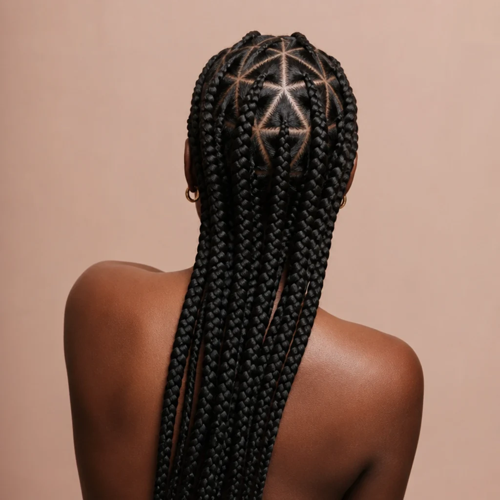Back view of triangular scalp sections forming a repeating mirrored geometric grid in long jumbo braids on dark hair
