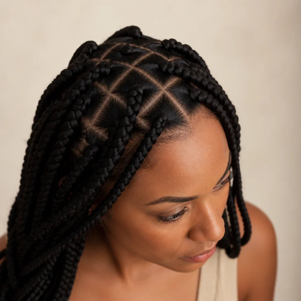 Overhead-leaning three-quarter view of diamond-shaped scalp partings forming an even lattice across jumbo box braids