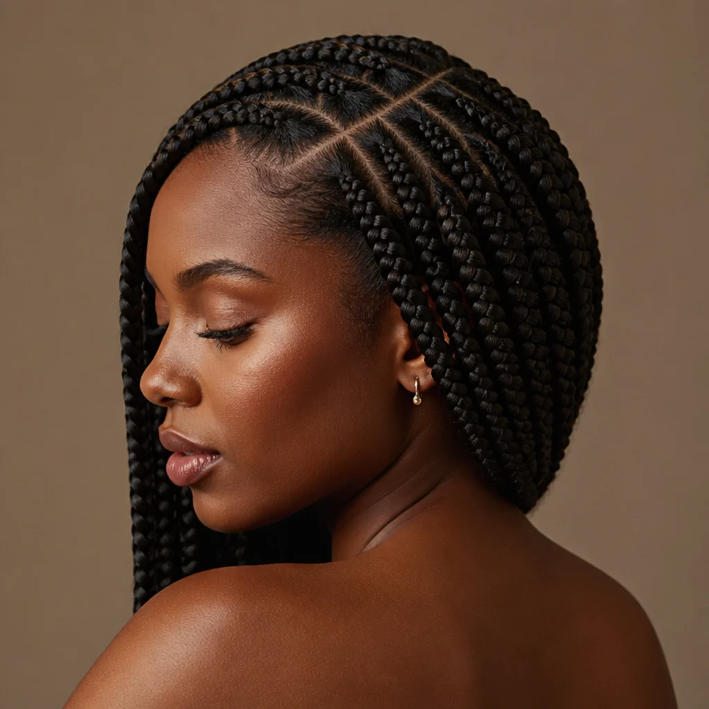 Side profile of jumbo box braids with parting lines angled on a consistent slant toward one shoulder
