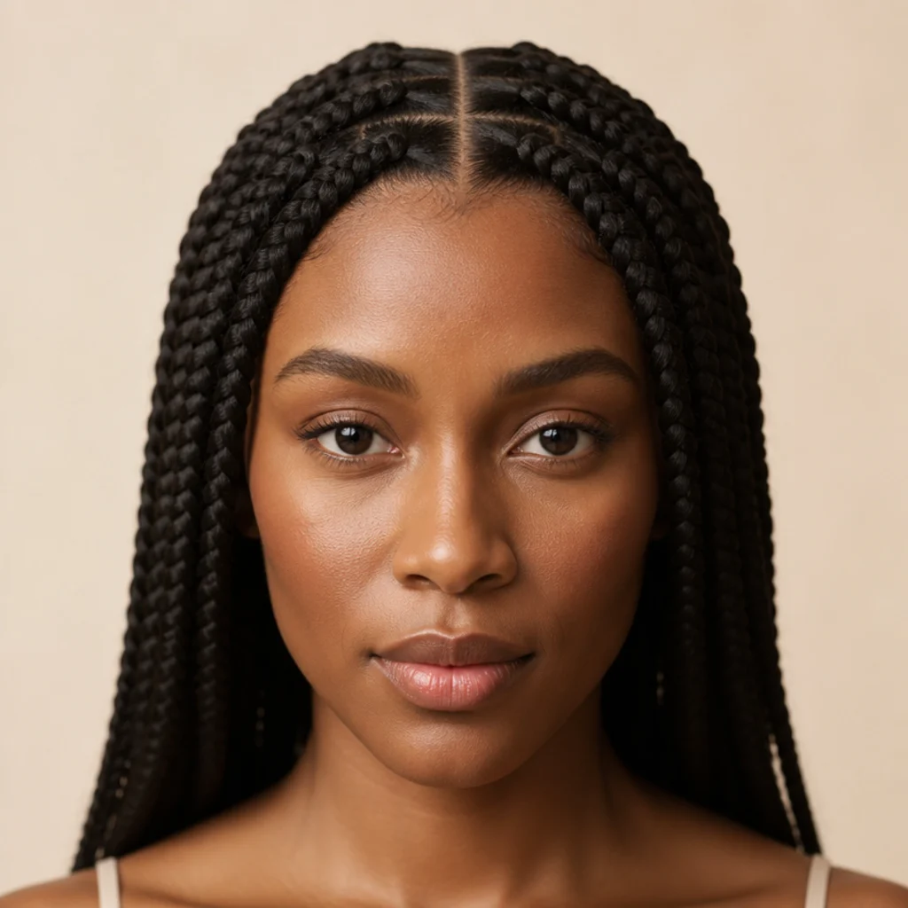 Front-facing view of jumbo box braids split by a clean straight center part with mirrored sections on both sides
