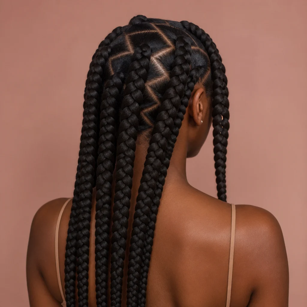 Back view of jumbo box braids separated by sharp shallow zigzag parting lines running across the scalp