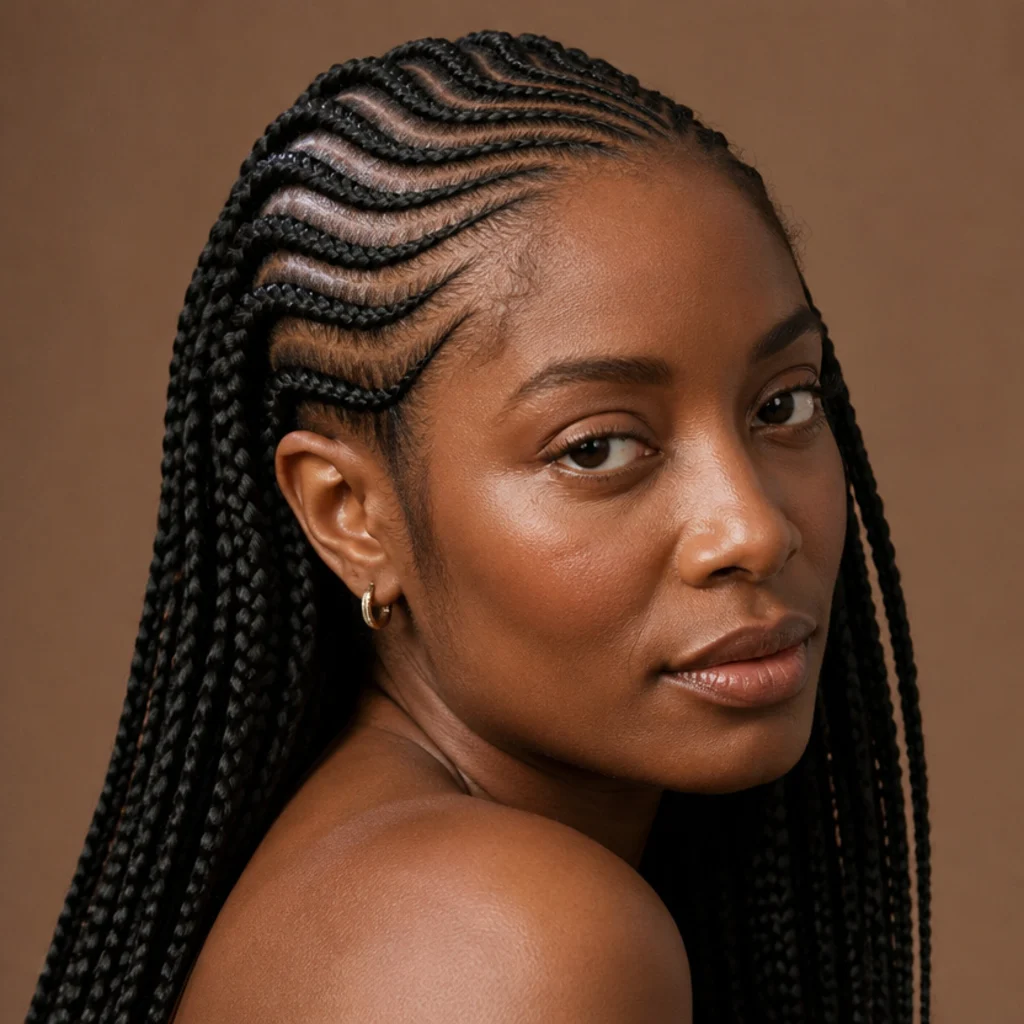 Three-quarter view of jumbo box braids parted in concentric curves radiating around the crown like a soft halo
