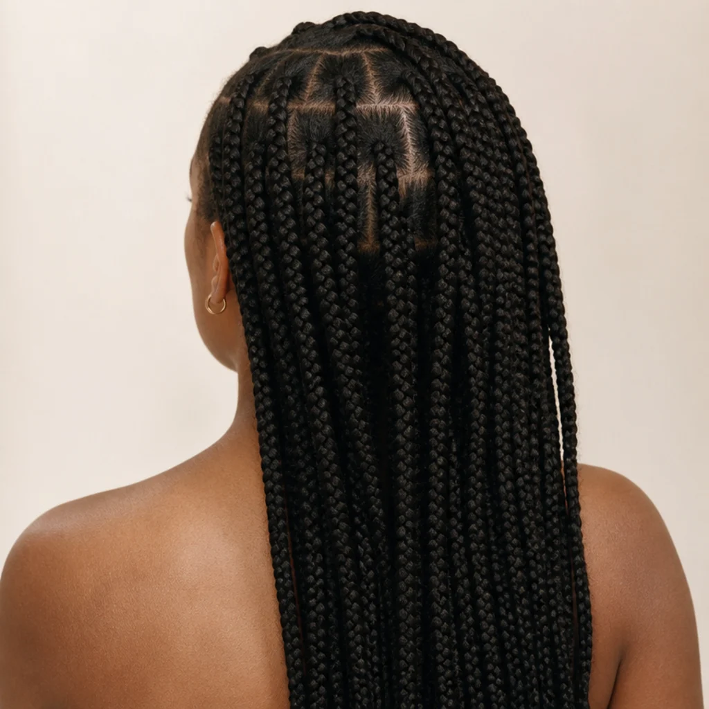 Back view of jumbo box braids with rows offset like staggered brickwork so no continuous vertical seam appears