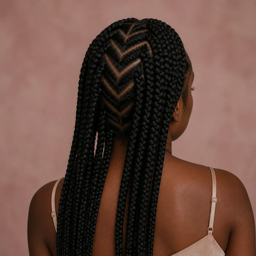 Back view of jumbo box braids with parting lines meeting in a central mirrored V chevron pointing down the back