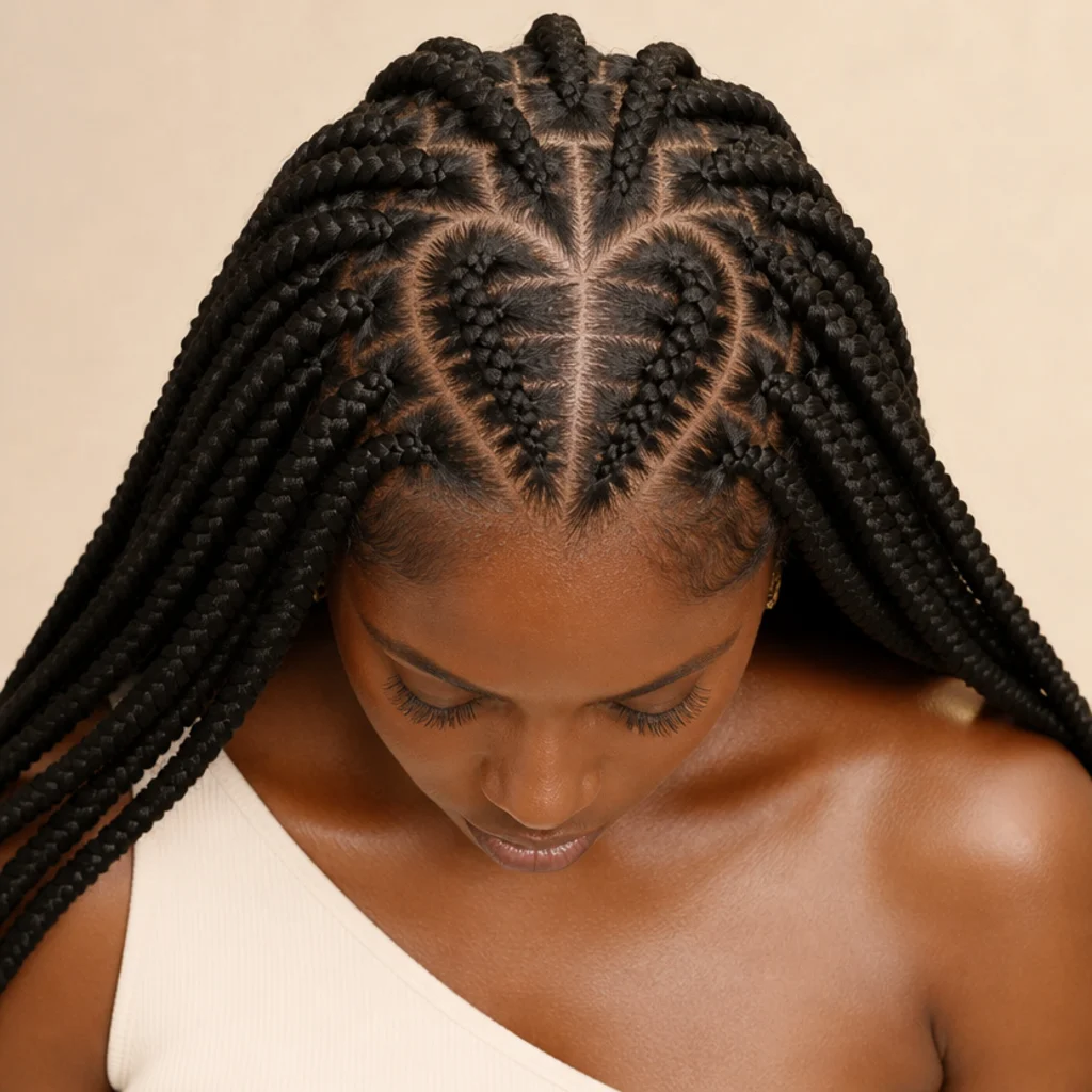 Overhead view of jumbo box braids with a small heart-shaped parting outlined at the crown, braids flowing from the outline