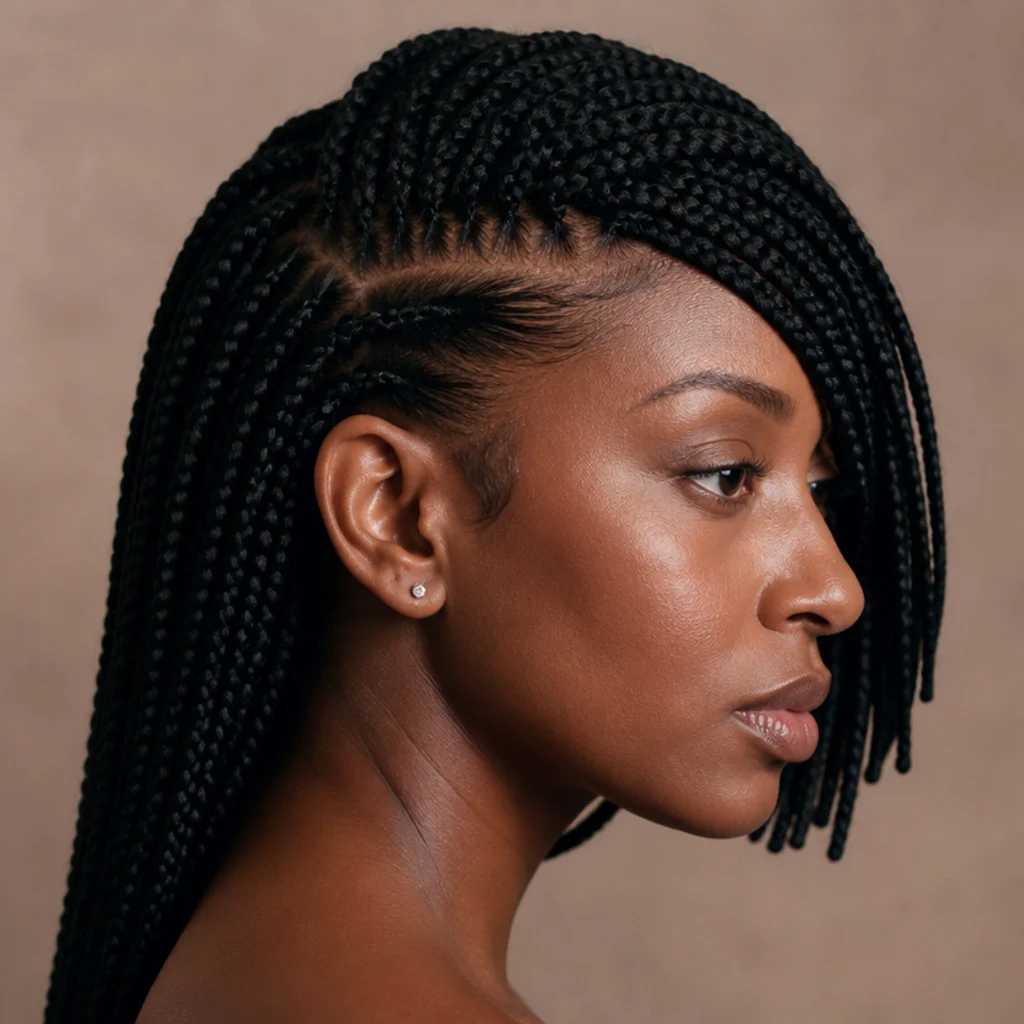 Side profile of jumbo box braids with a deep side part and finer front braids swooping across the forehead