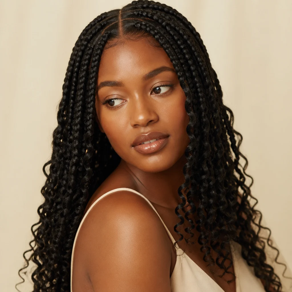 Three-quarter view of jumbo box braids with crisp square parts at the scalp and loose spiral curly ends left out