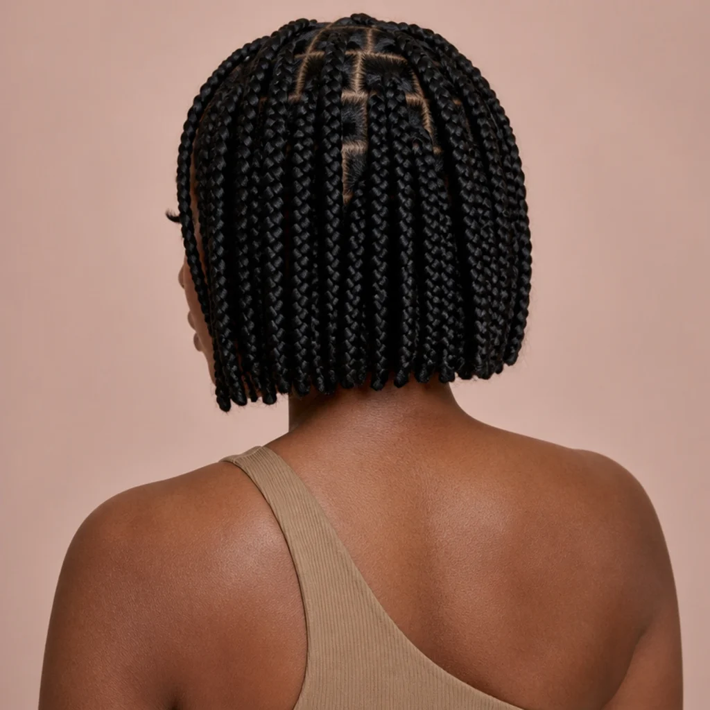 Back view of short jumbo box braids cut to bob length over a clean even square parting with blunt ends