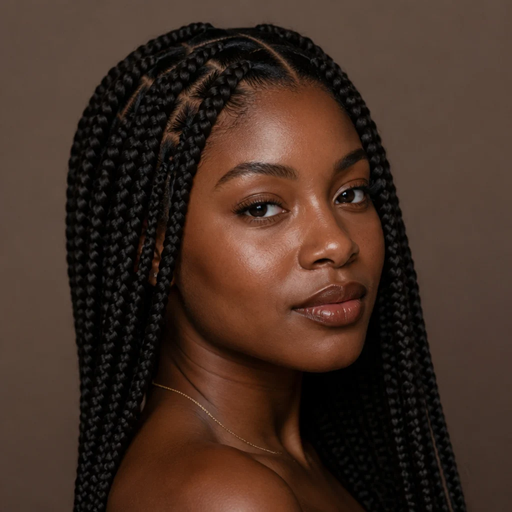 Three-quarter view of jumbo knotless box braids over an even square parting with flat, knot-free roots