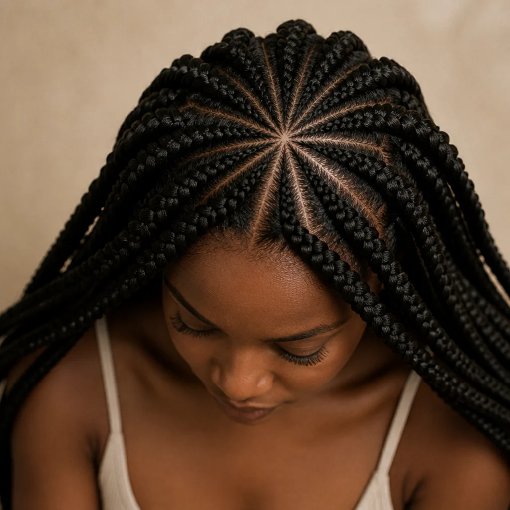 Overhead view of jumbo box braids radiating outward from a single small central starburst point at the crown