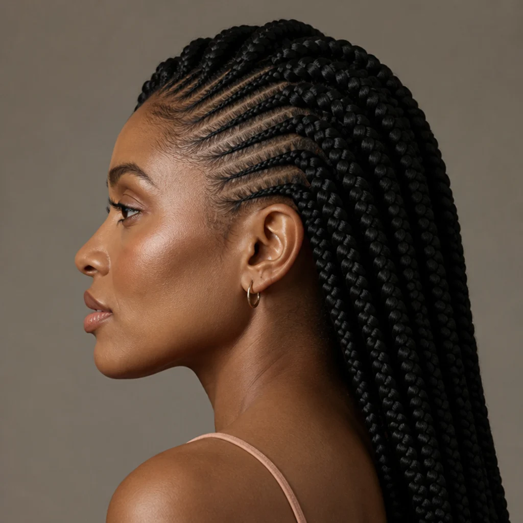 Side view of braids graduating from small sections at the hairline to full jumbo boxes toward the back and crown