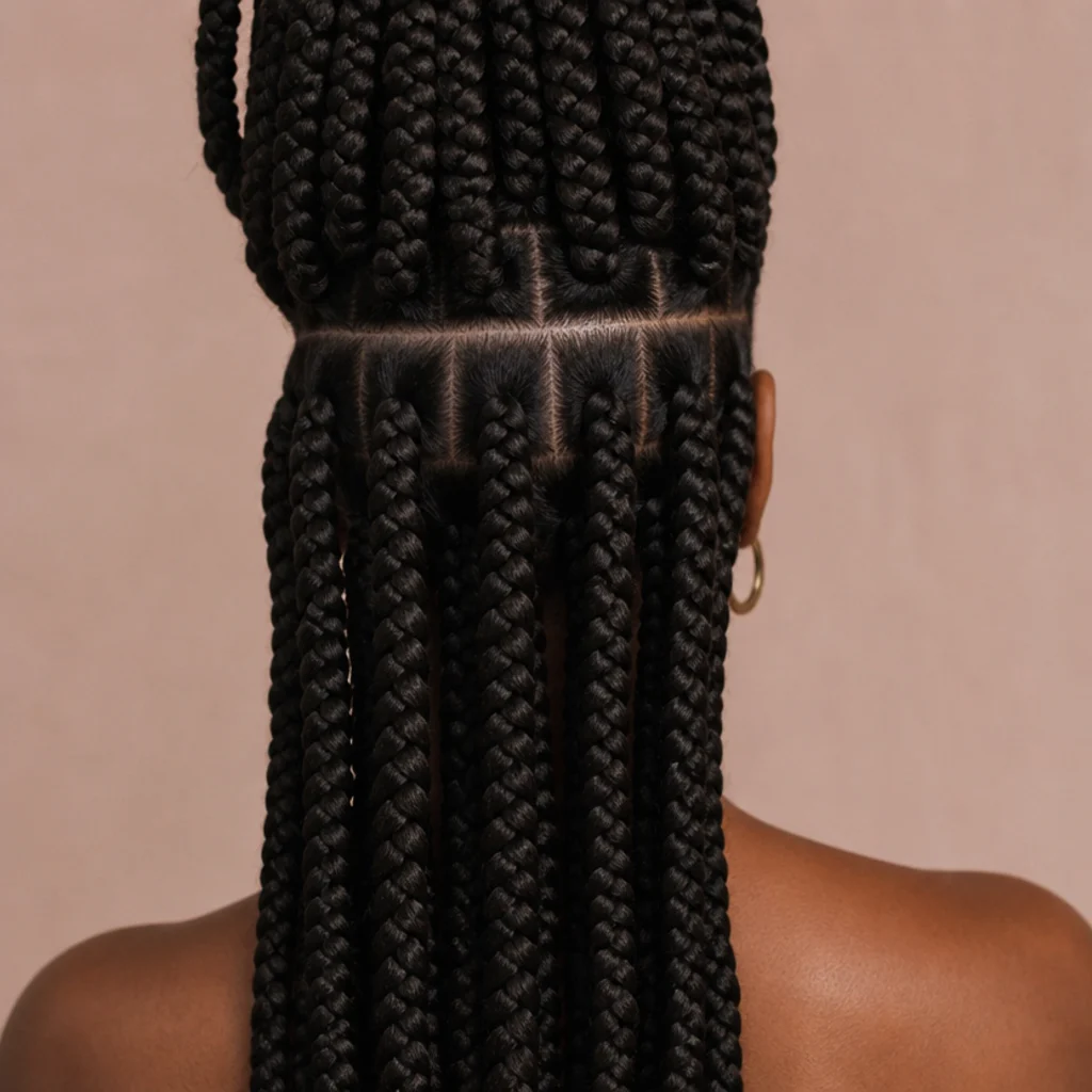 Back view of jumbo box braids sectioned into a distinct upper and lower layer divided by a clean horizontal line