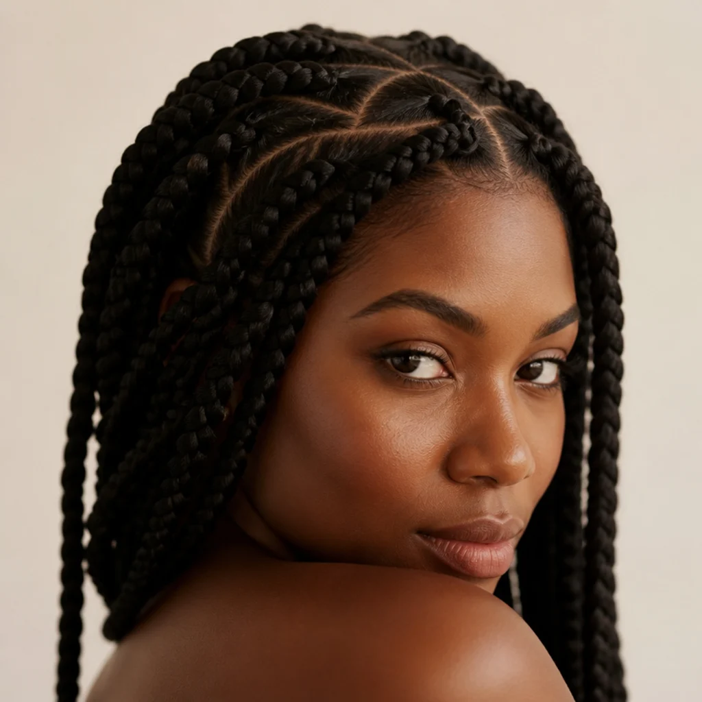 Three-quarter view of jumbo box braids with irregular freehand parting shapes curving and interlocking across the scalp