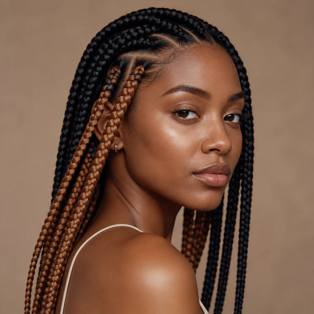 Three-quarter view of jumbo box braids where different scalp sections carry different braid colors divided cleanly along the part lines
