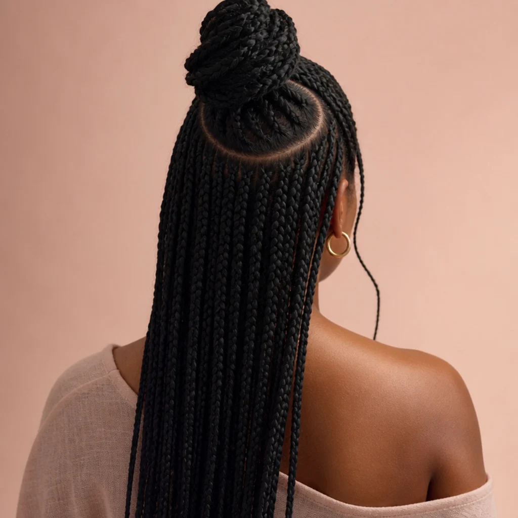 Back view of jumbo box braids with a clean circular parting isolating the top crown section for a half-up style