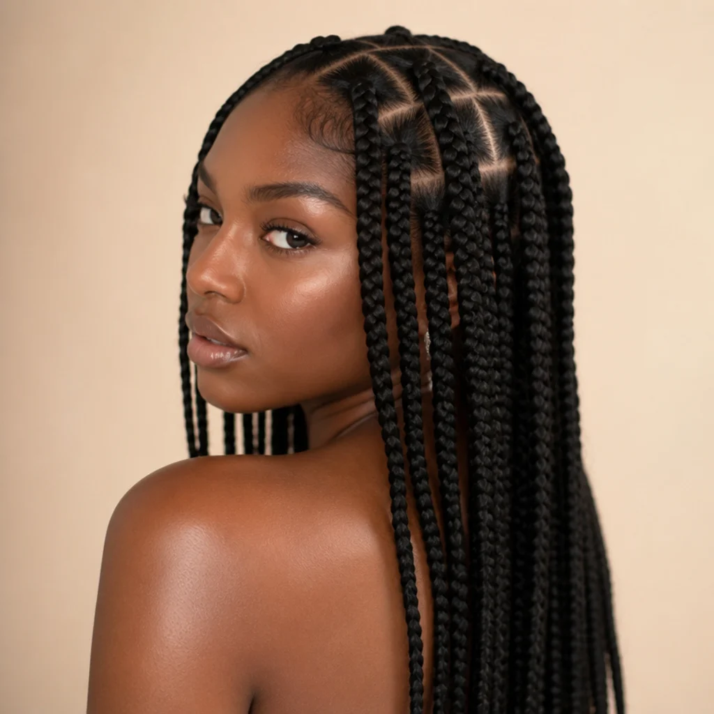 Black woman shown from a three-quarter back angle wearing jumbo box braids with a clean square parting pattern across the scalp