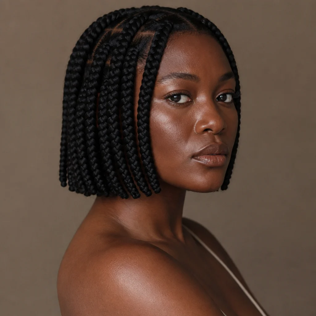 Black woman with jet-black chin-length jumbo box braids in a clean blunt bob, three-quarter side angle showing square parts