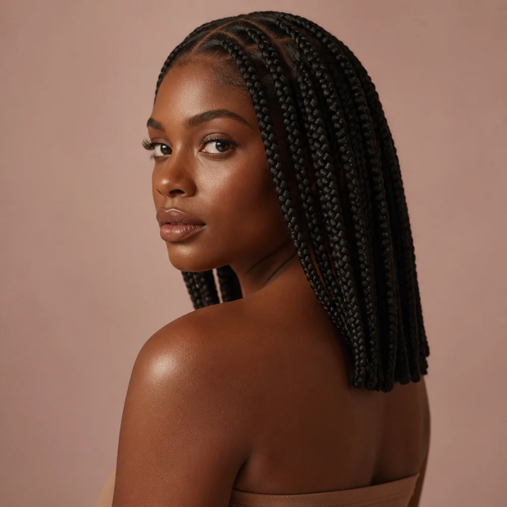 Black woman with jumbo knotless box braids at shoulder length showing flat tension-free feed-in roots, back three-quarter angle