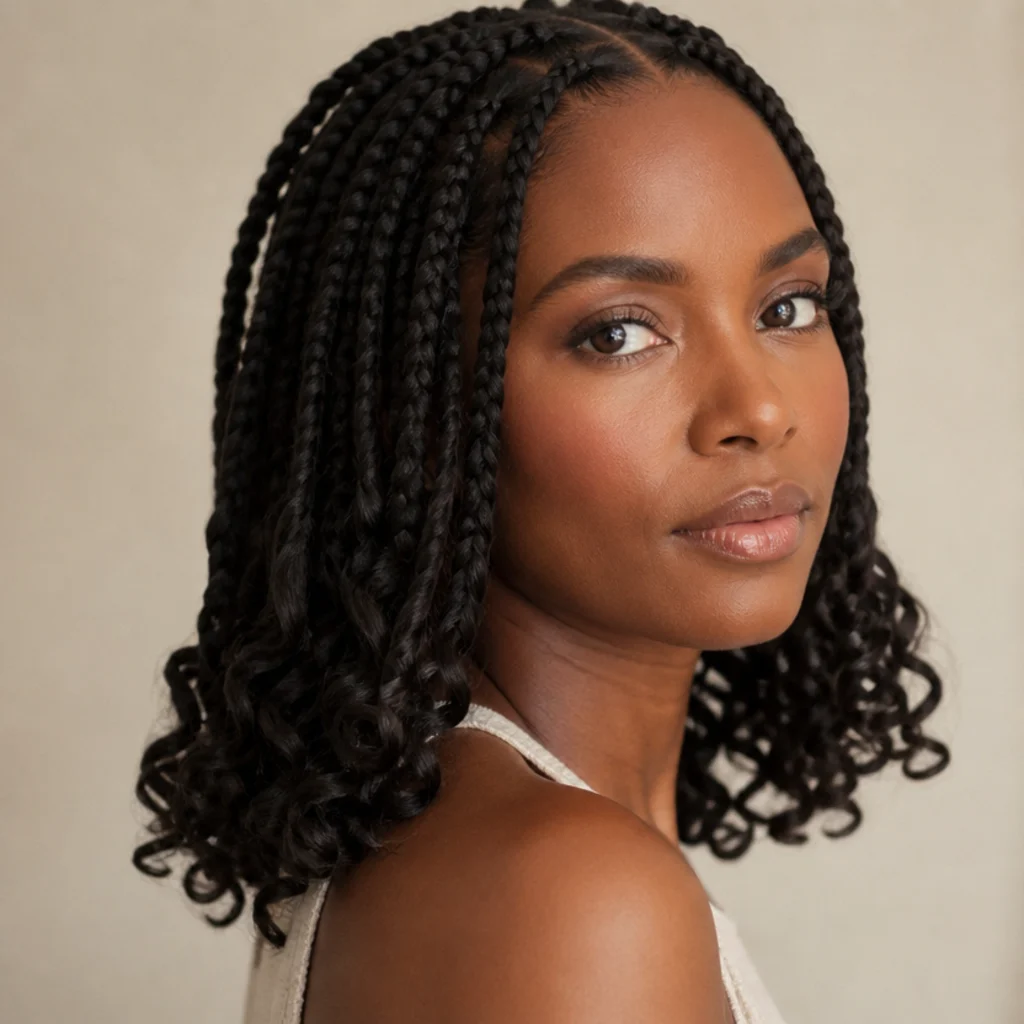 Black woman with short jumbo box braids ending in loose spiral curls at the collarbone, three-quarter side view
