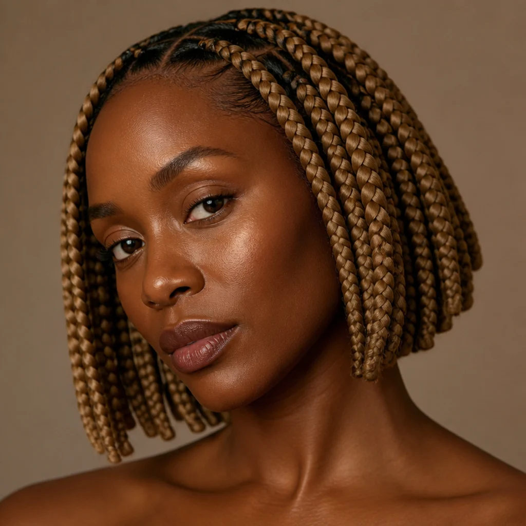 Black woman with honey blonde short jumbo box braids at jaw length in warm studio light, three-quarter angle