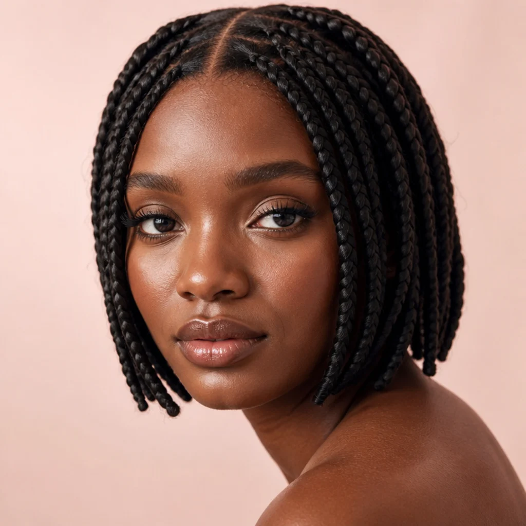 Black woman with short jumbo box braids in a sharp center part framing the face, front three-quarter view