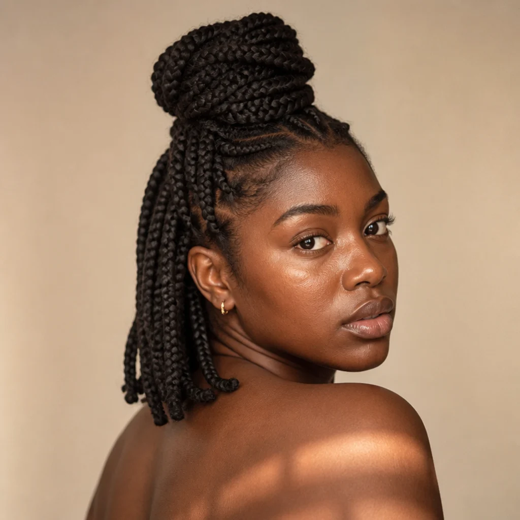 Black woman with short jumbo box braids styled half-up into a rounded top bun, three-quarter back angle