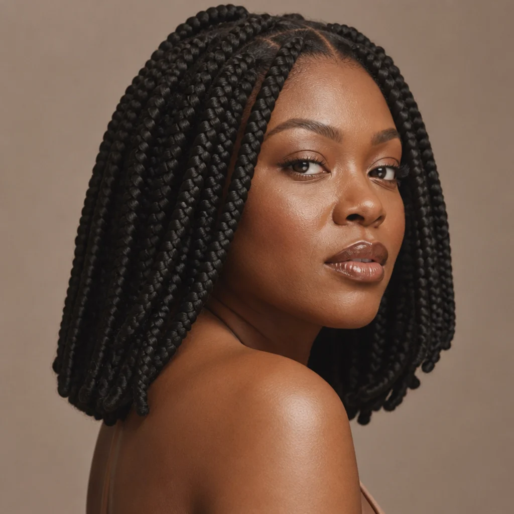 Black woman with jumbo box braids falling just to the shoulders in natural black, three-quarter side angle