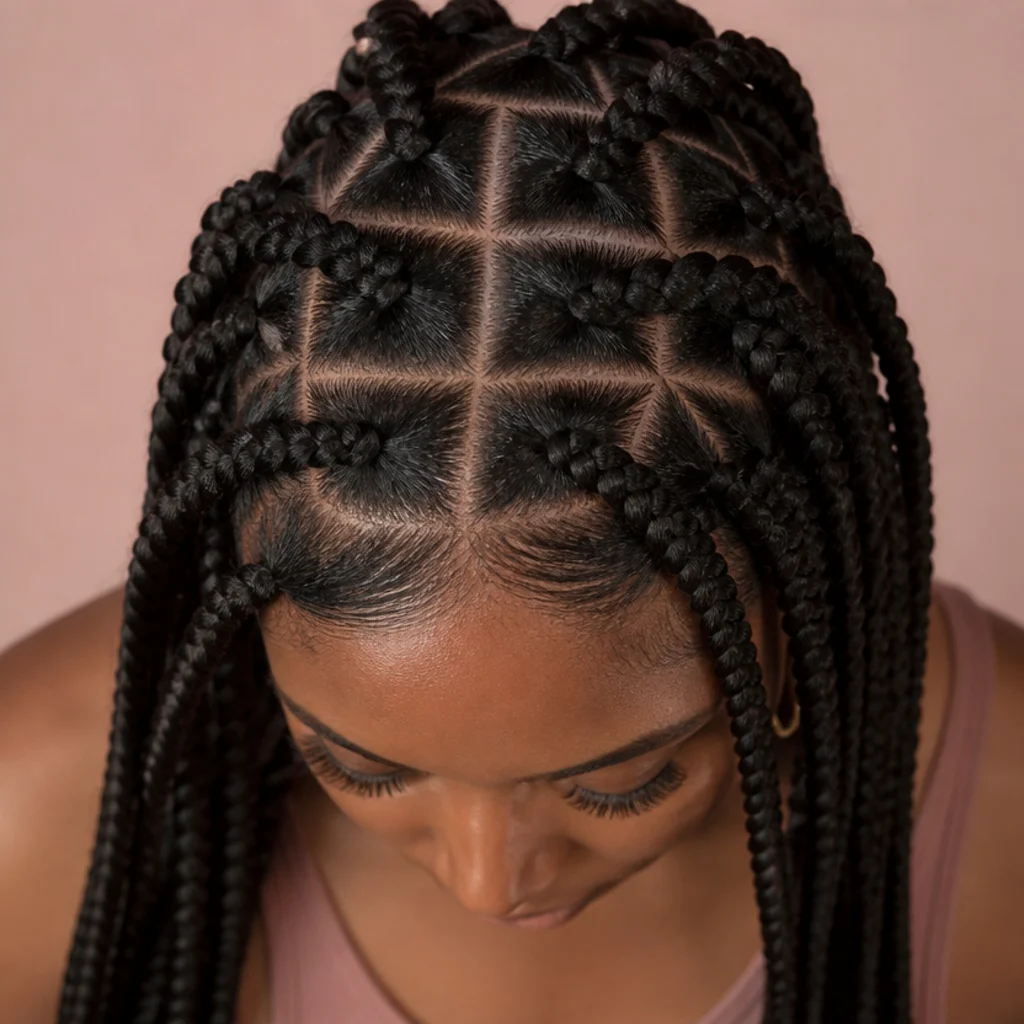 Black woman with short jumbo box braids over a visible triangle parting pattern at the crown, top back angle