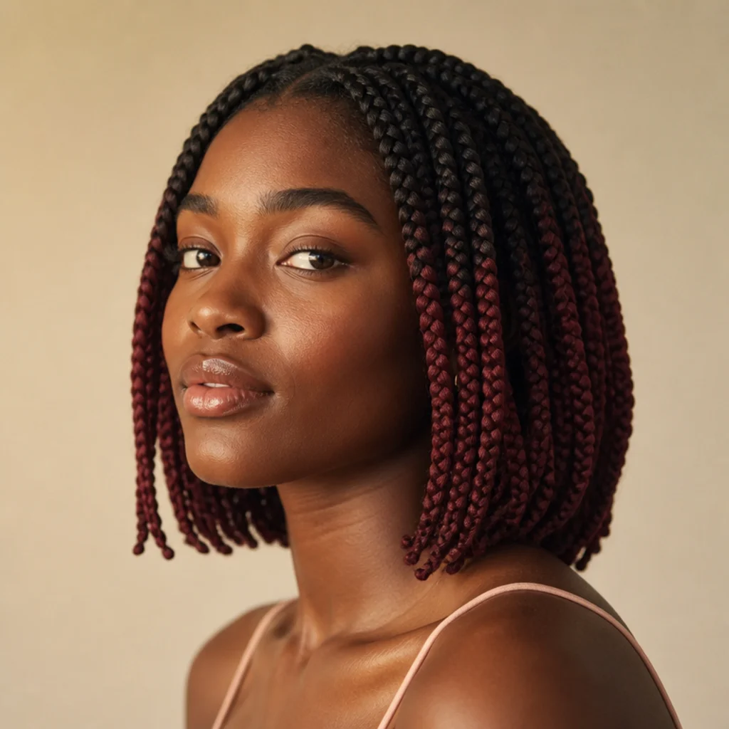 Black woman with short jumbo box braids fading from dark roots to burgundy ends, three-quarter side view