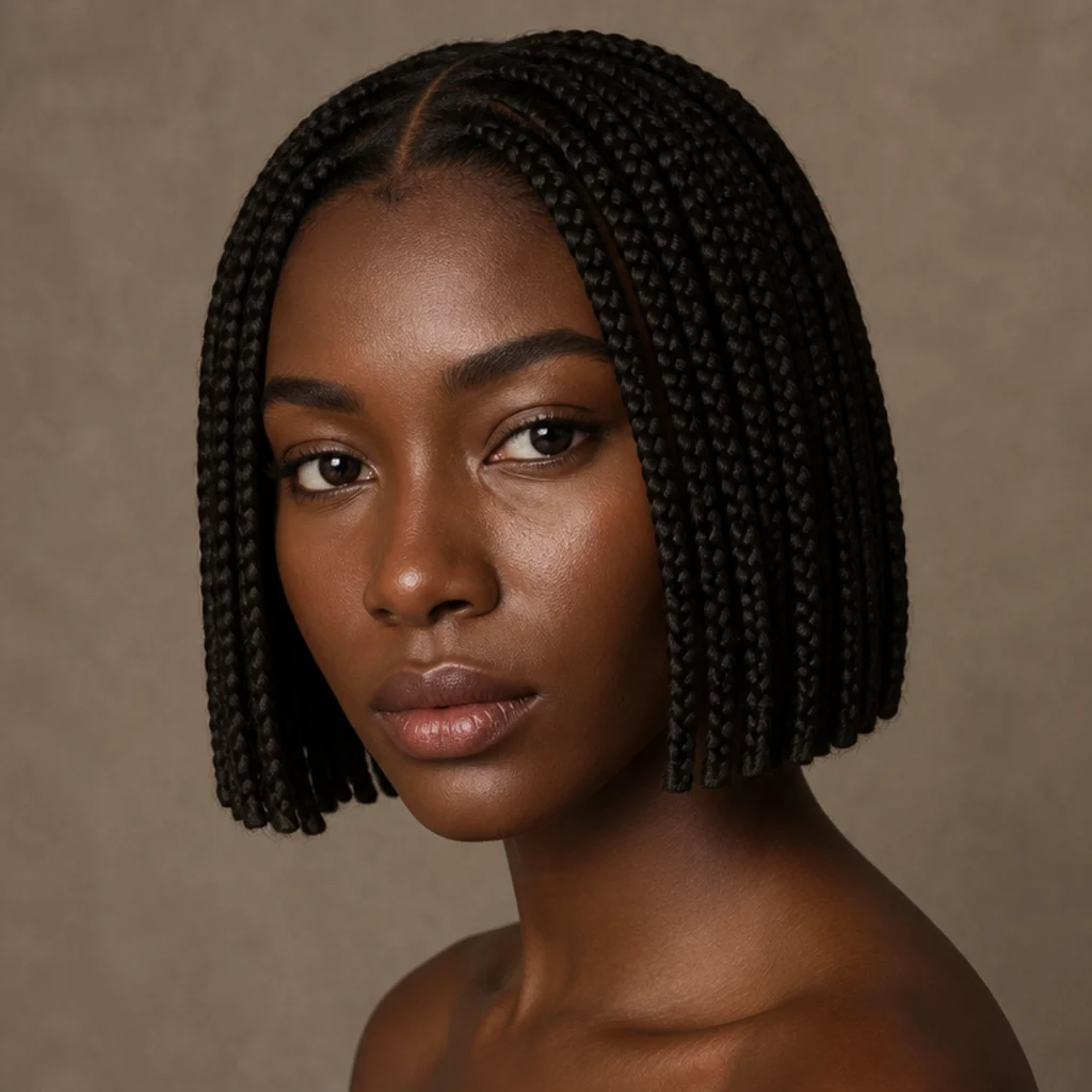 Black woman with a sharp blunt-cut short jumbo box braid bob at jaw length, front three-quarter view