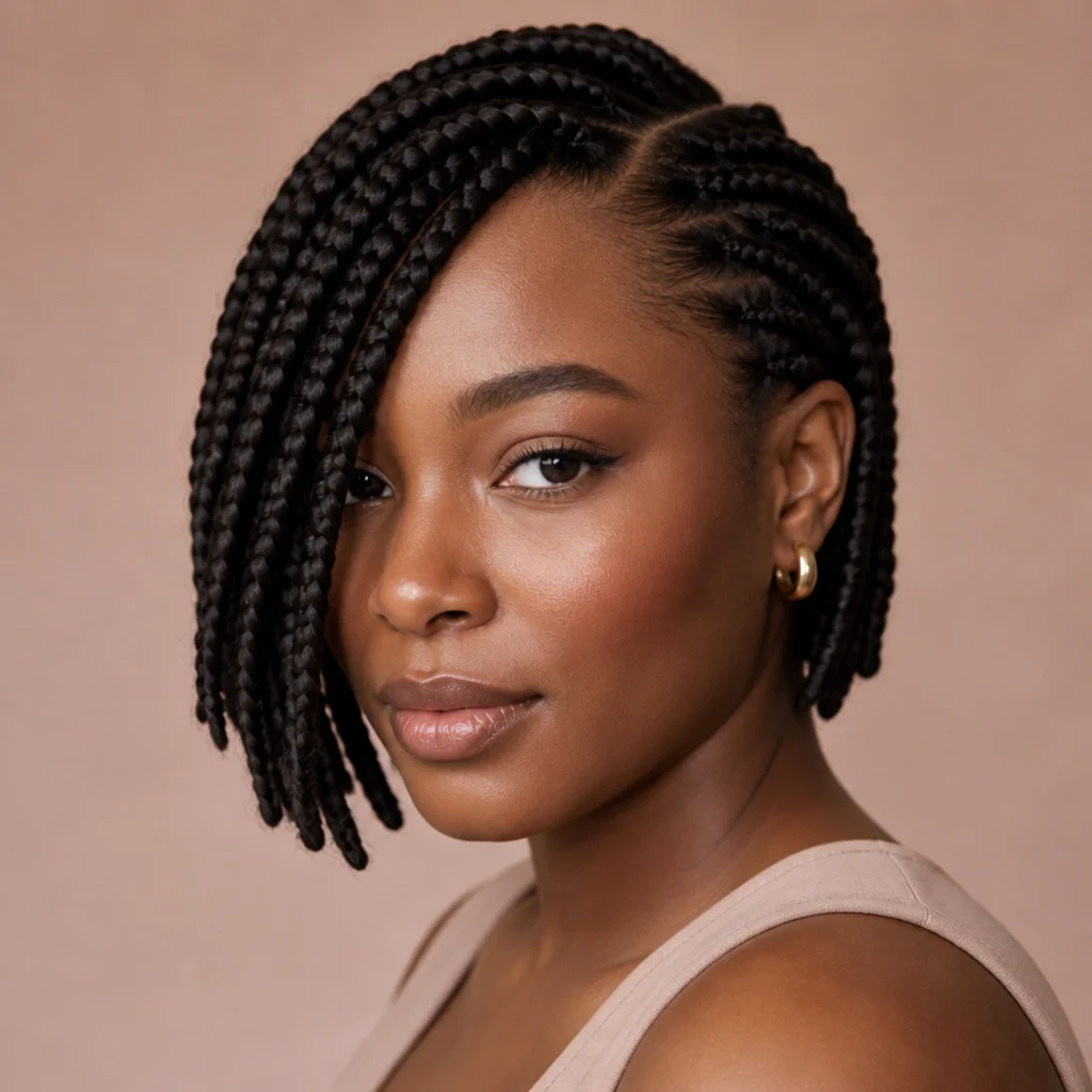 Black woman with short jumbo box braids parted deep on one side and swept across the forehead, three-quarter angle