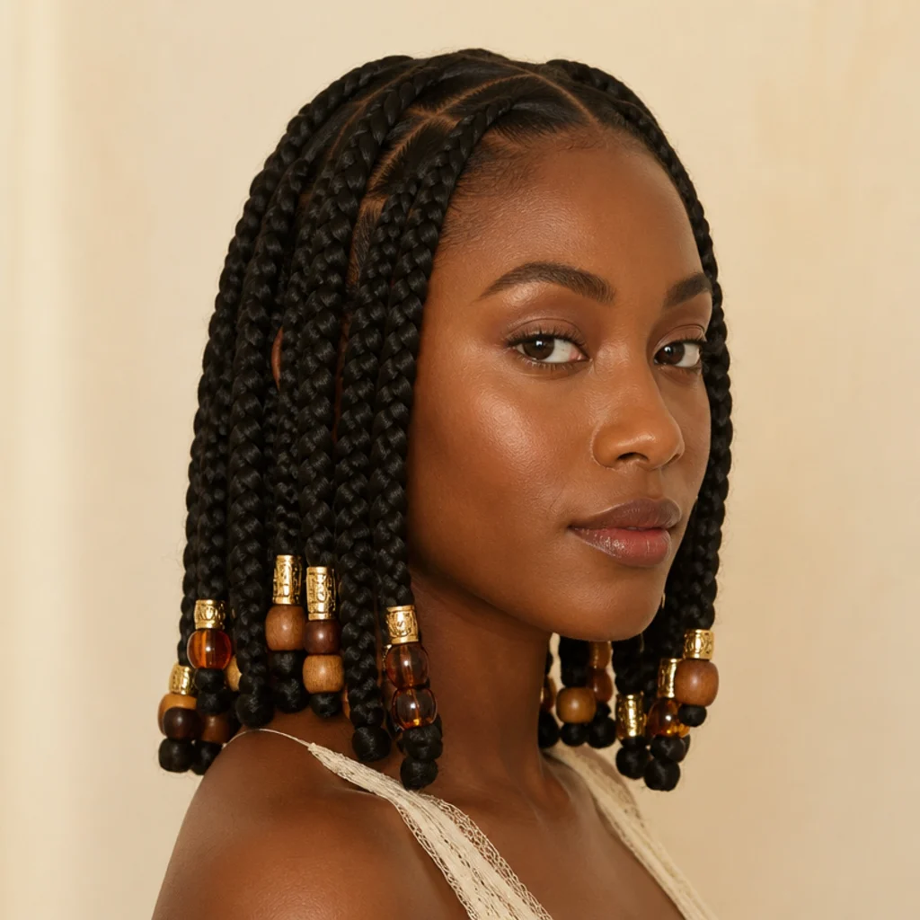 Black woman with short jumbo box braids finished with wooden and gold beads near the ends, three-quarter side view