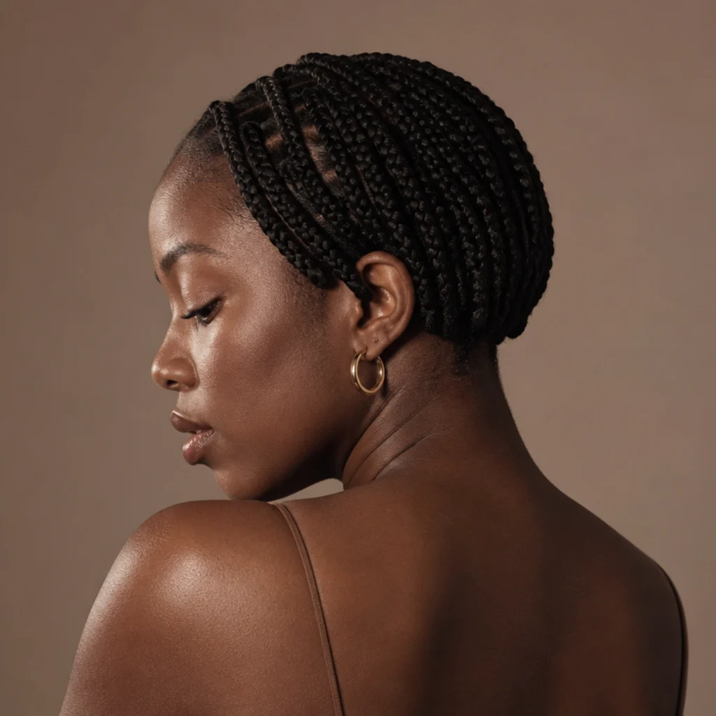 Black woman with very short ear-length jumbo box braids in a rounded shape, back three-quarter angle