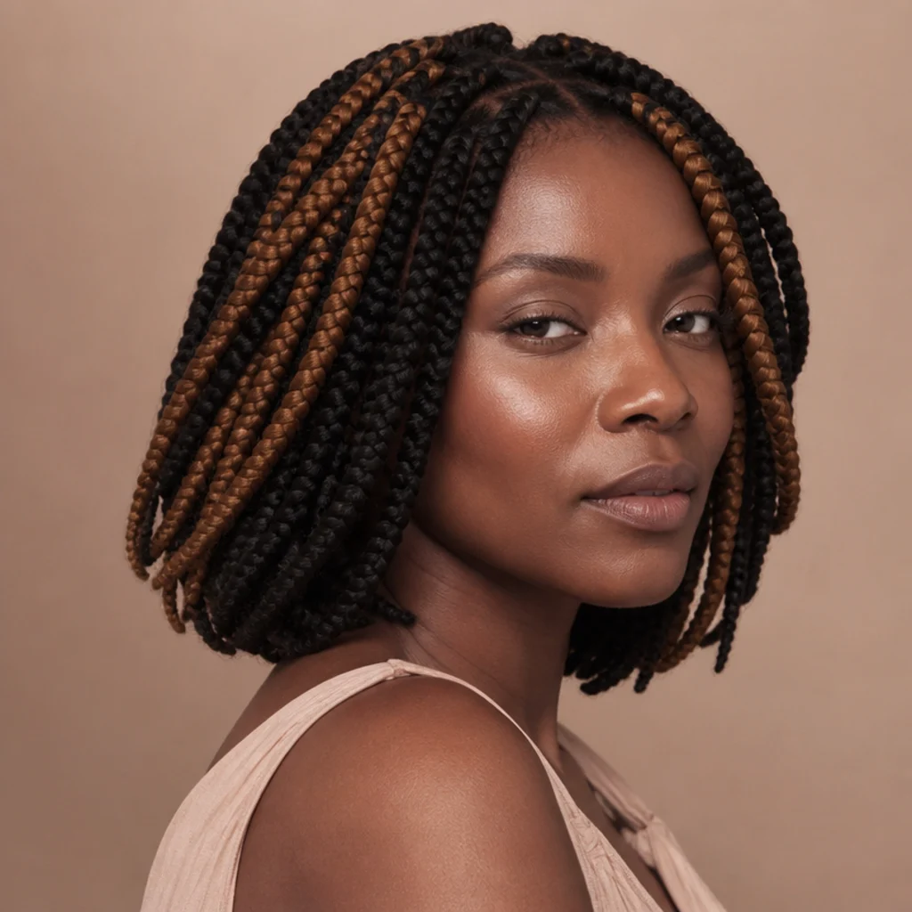 Black woman with short jumbo box braids mixing dark and caramel strands for a two-tone bob, three-quarter side view