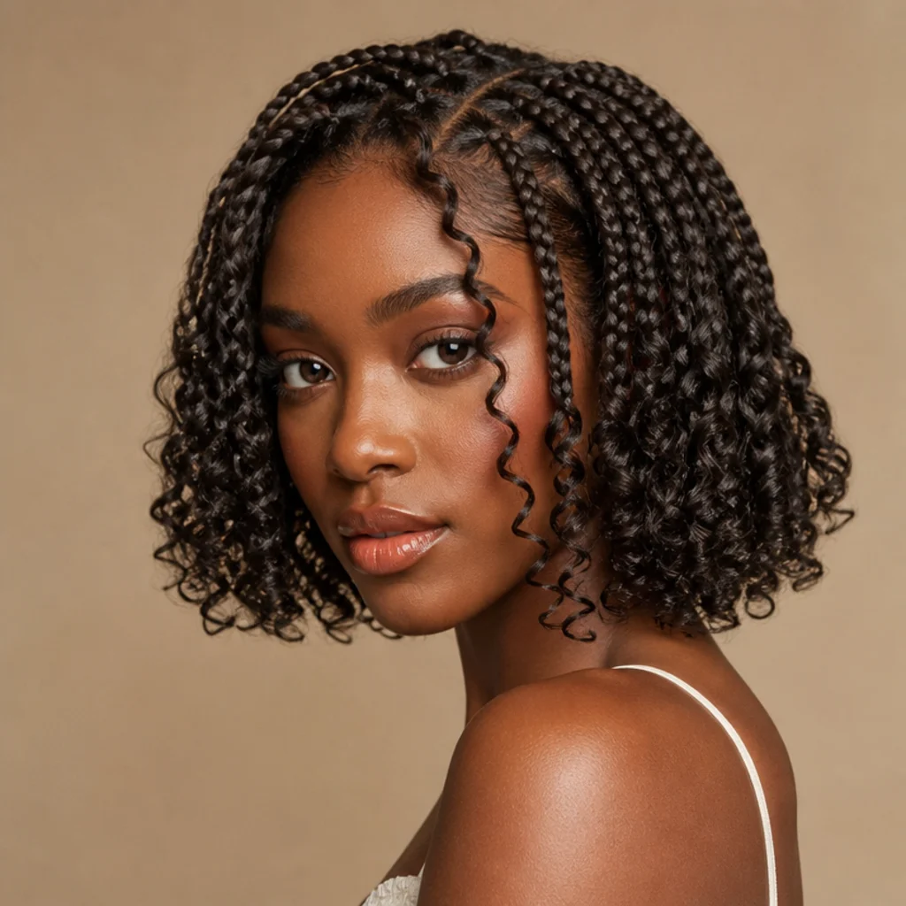 Black woman with a short jumbo box braid bob, curly ends and two longer face-framing curly pieces, front three-quarter view