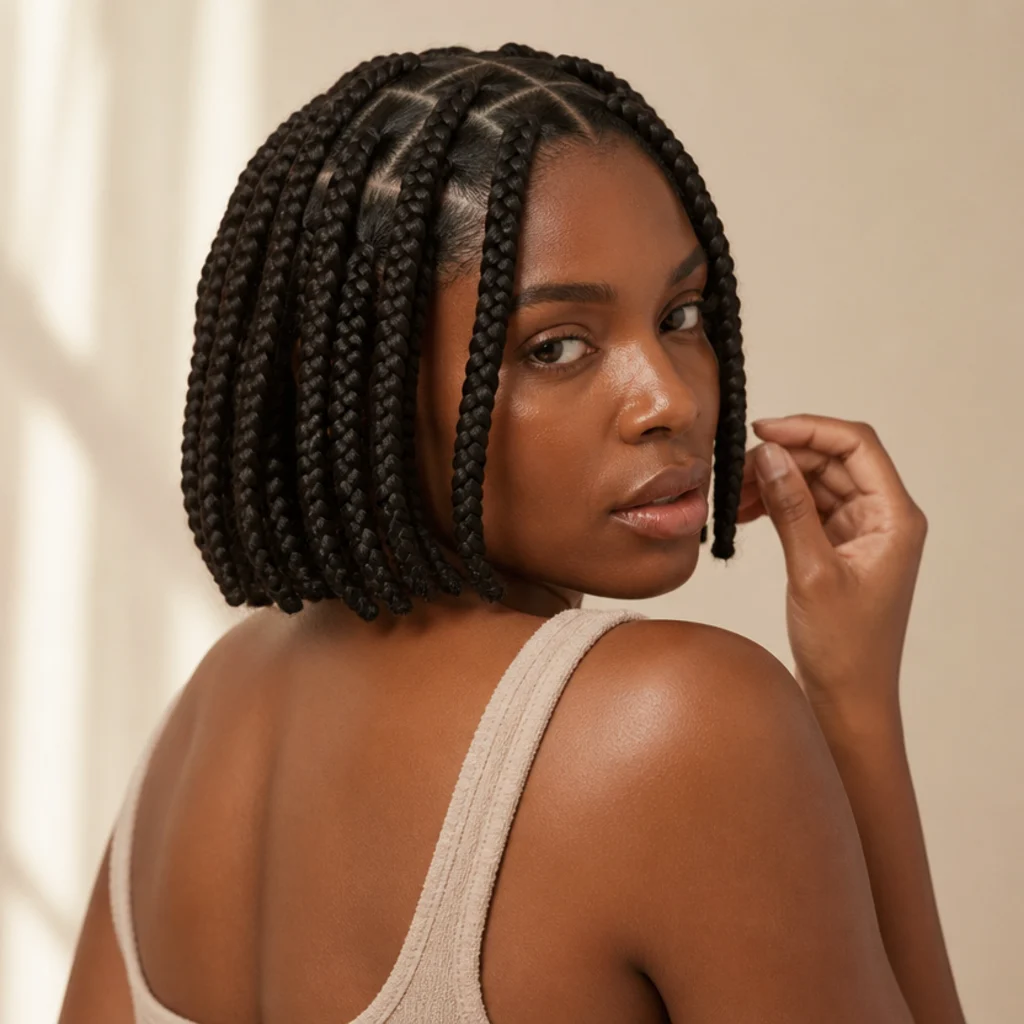 Black woman shown from three-quarter back angle wearing chin-length short jumbo box braids with clean square parting