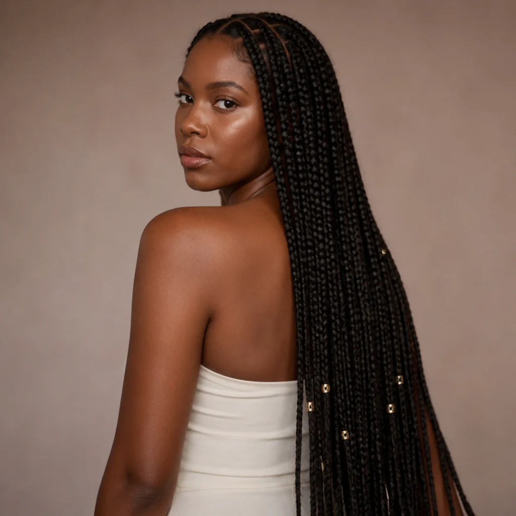Three-quarter back view of waist-length jumbo knotless box braids in espresso brown finished with slim gold metal cuffs spaced along the lower third