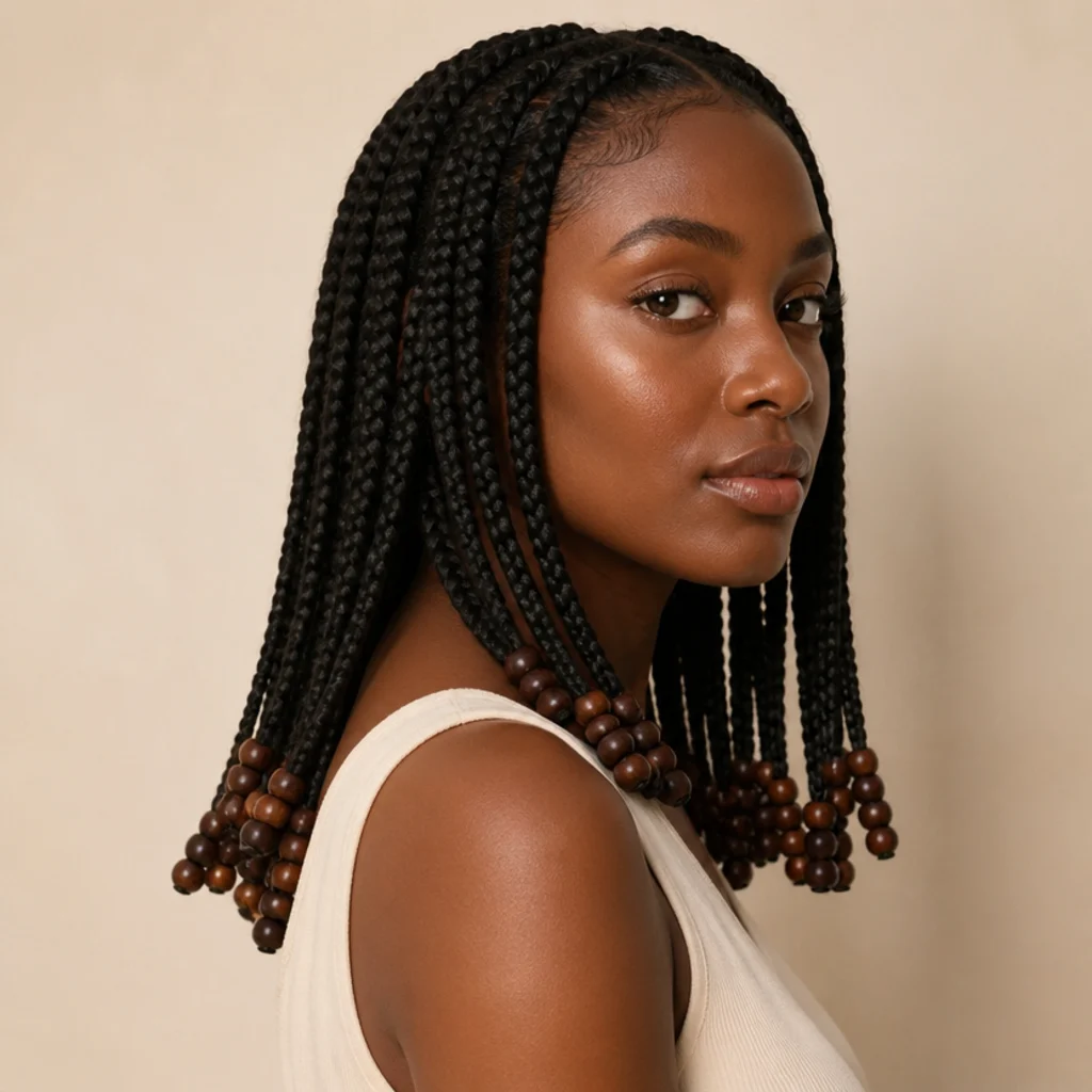 Side view of medium-length jumbo box braids threaded with round natural matte wooden beads clustered at the tapered tips
