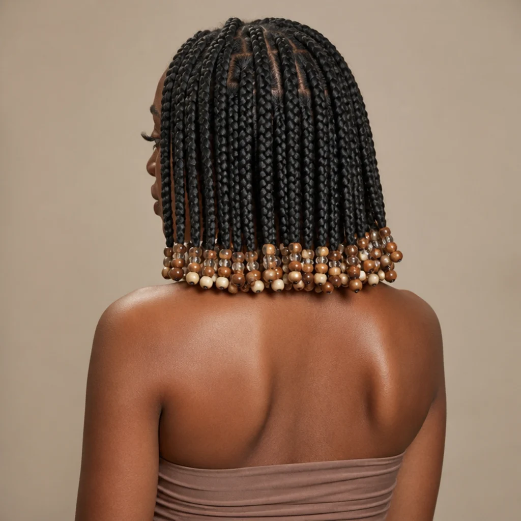 Back view of a shoulder-length jumbo box braid bob with three to four beads clustered densely at each blunt end