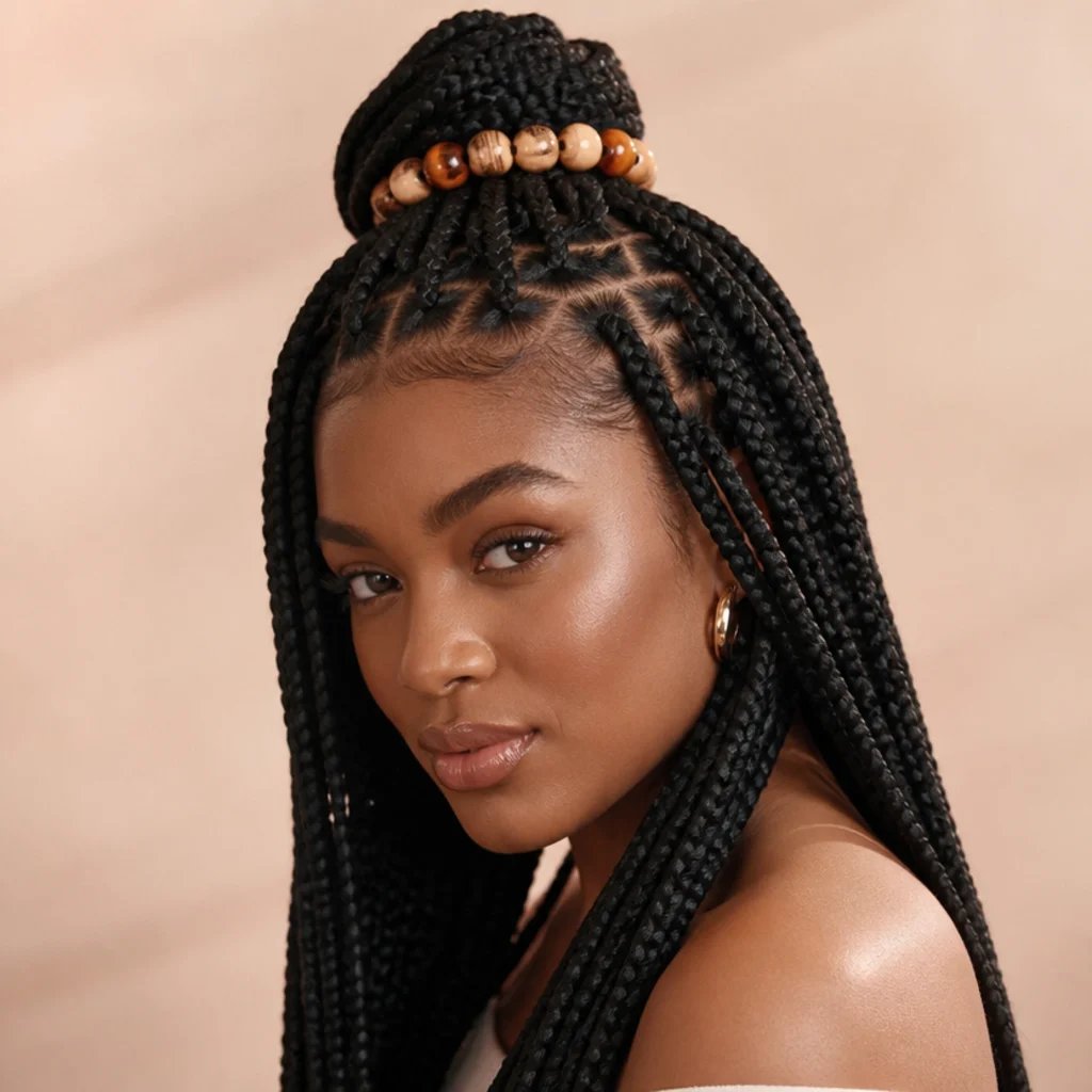 Three-quarter view of jumbo box braids styled half-up with a row of beads accenting the gathered crown section and a clean center part