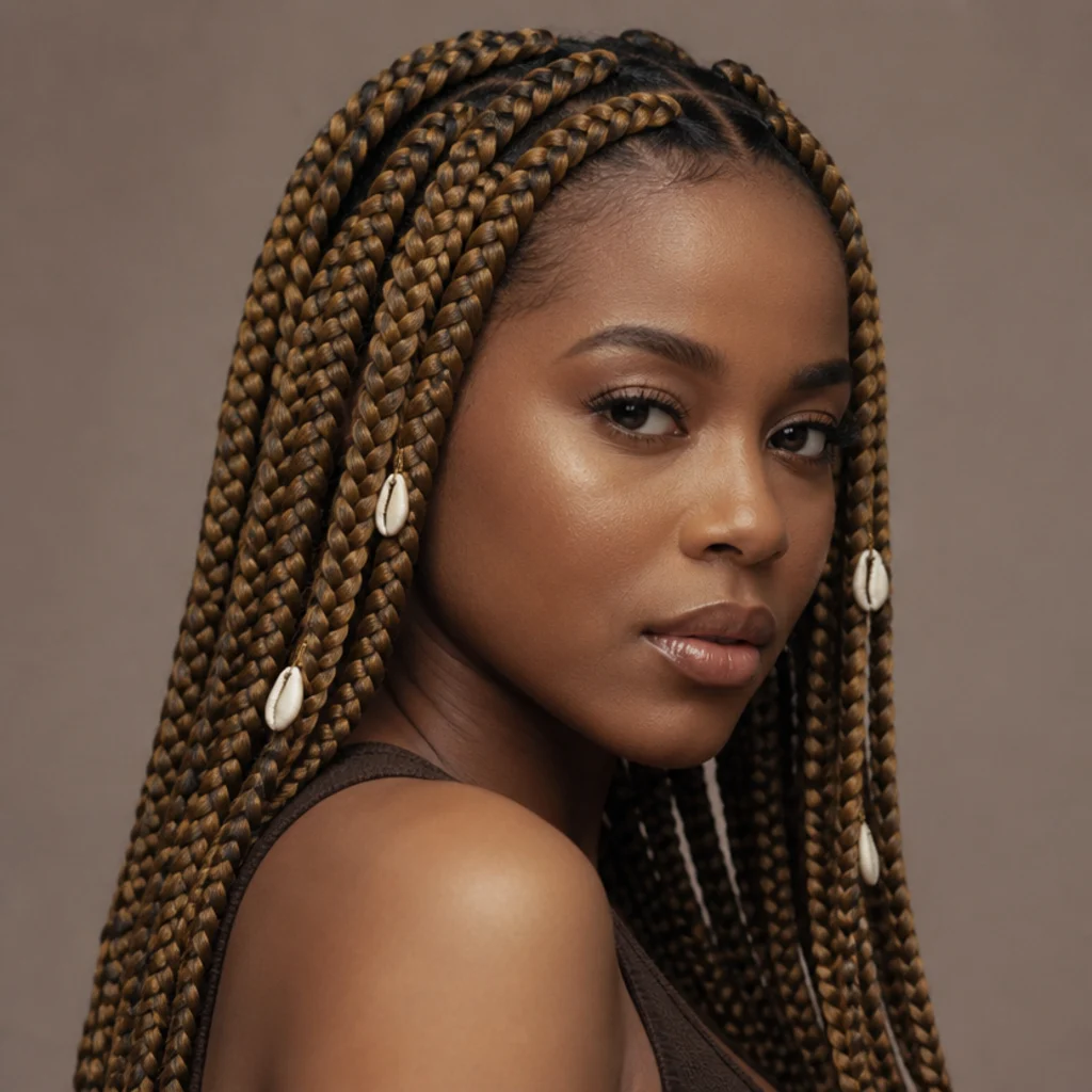 Side profile of honey-blonde jumbo box braids decorated with white cowrie shells hand-tied along the mid-lengths