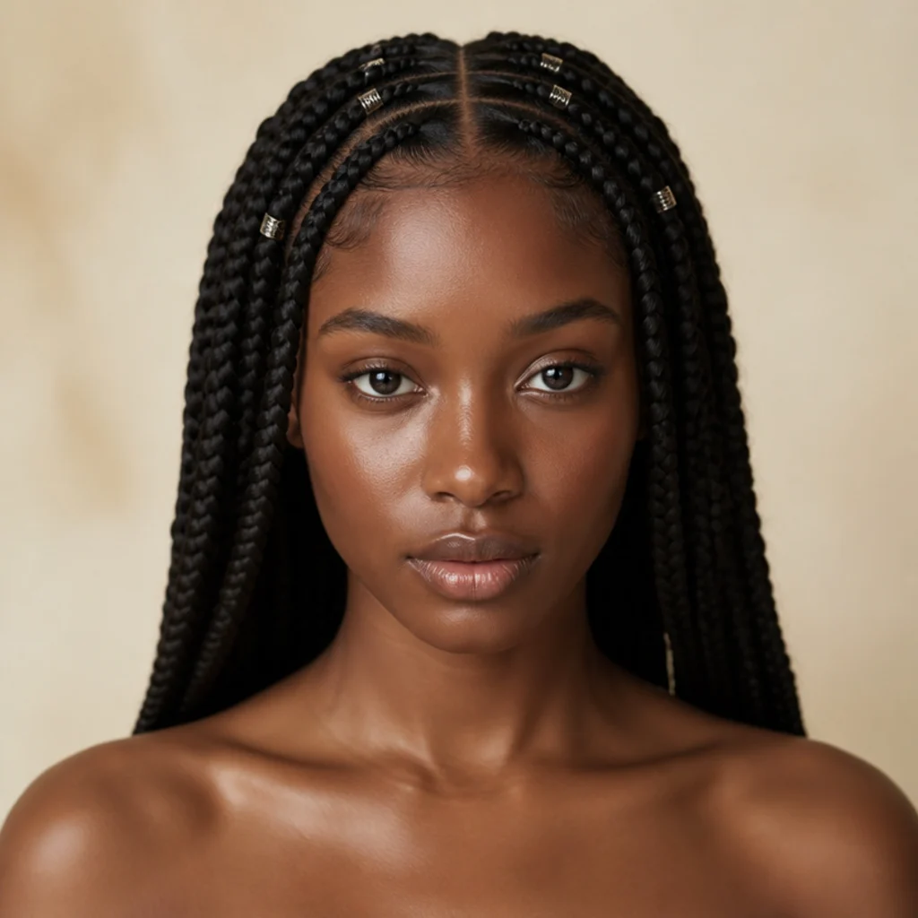 Front-facing view of center-parted jumbo knotless box braids with small silver beads seated along the crisp parting