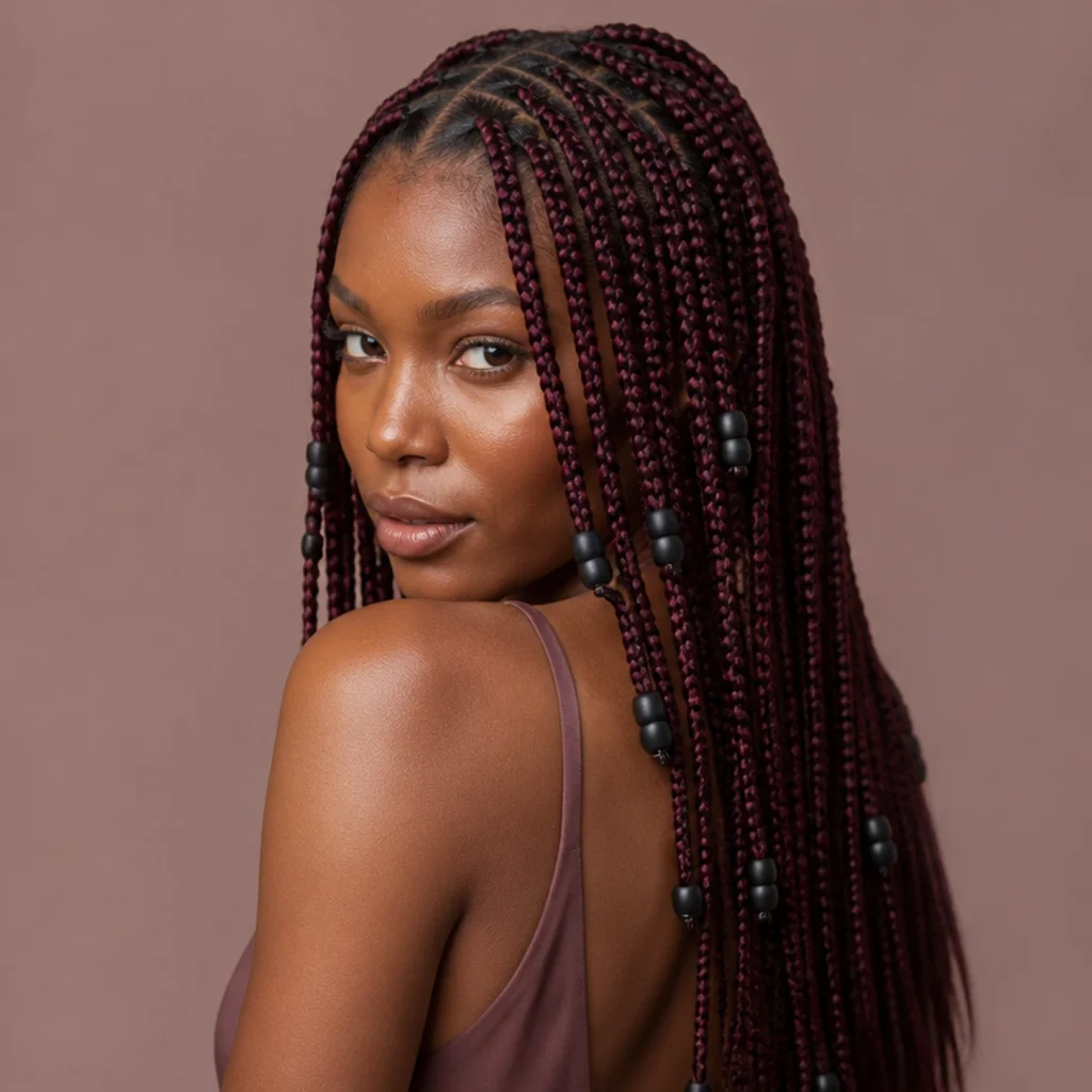 Three-quarter back view of burgundy jumbo box braids finished with matte black beads staggered at varying heights along the lengths