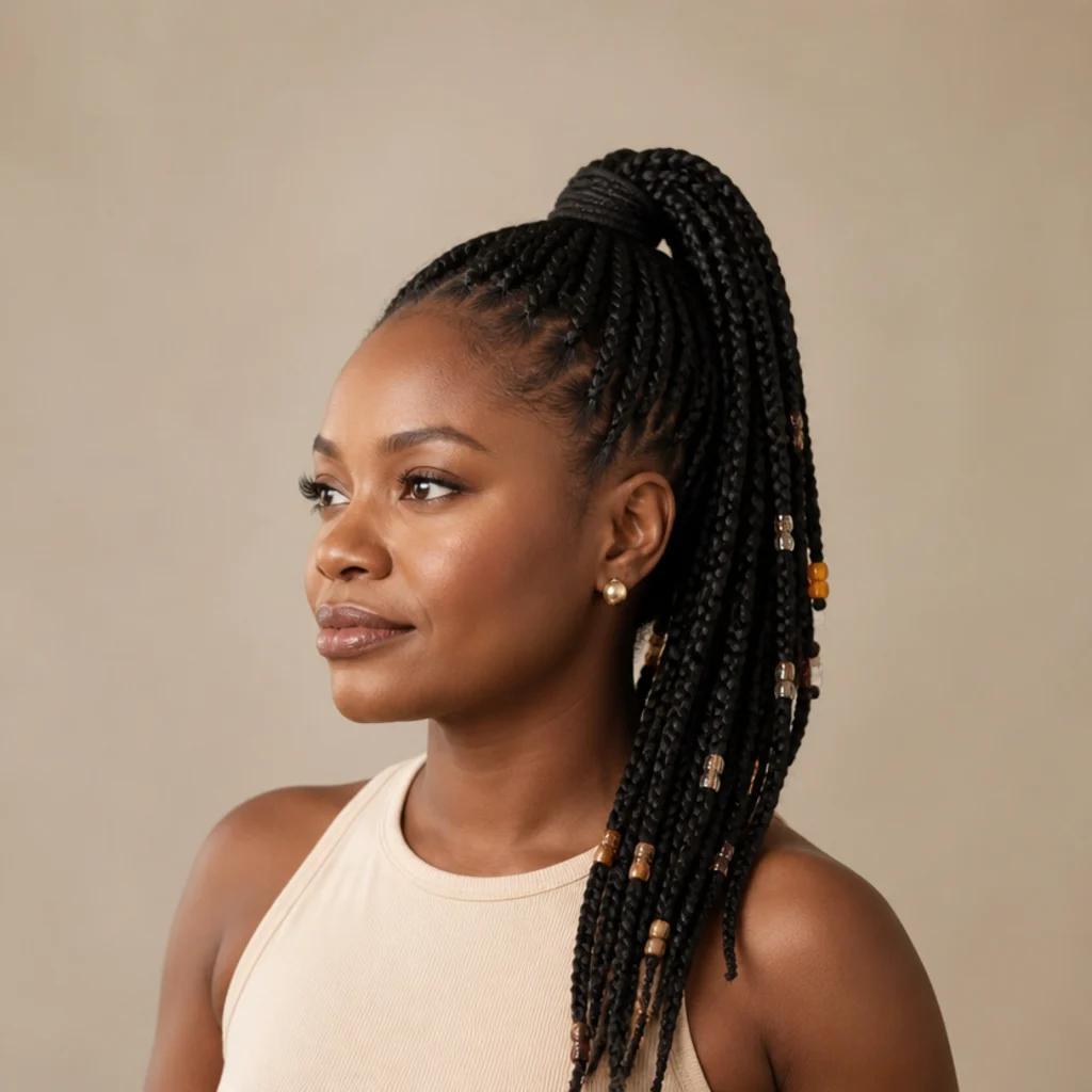 Side view of jumbo box braids gathered into a high ponytail with beads scattered throughout the tail rather than only at the ends