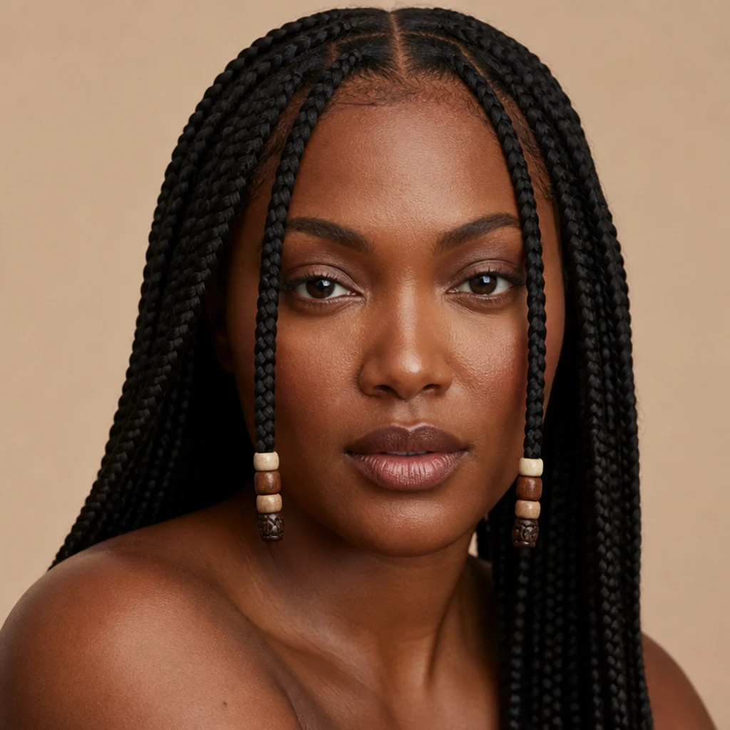 Front view of jumbo box braids with two beaded face-framing braids left loose against the cheeks and the rest swept back