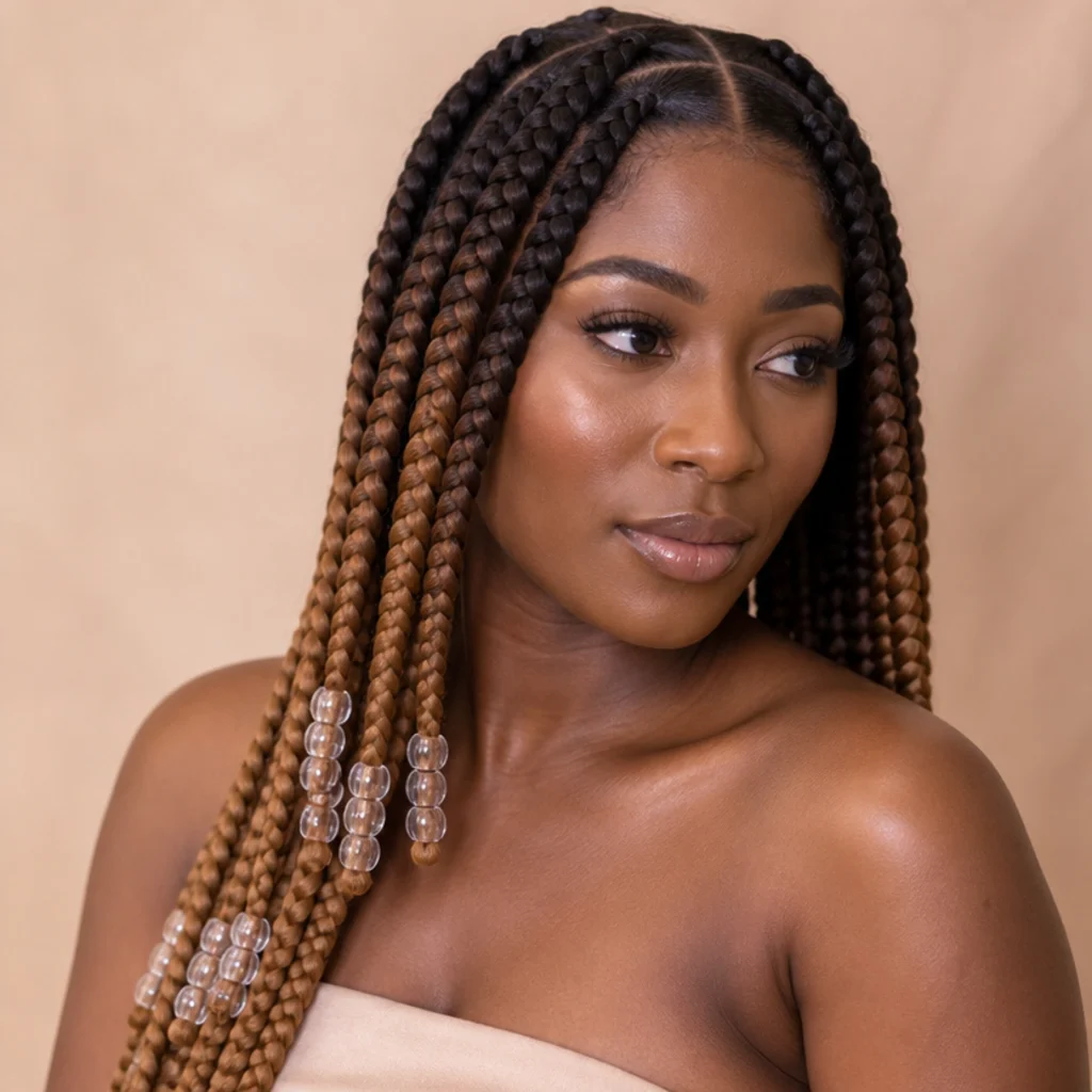 Three-quarter view of ombre jumbo box braids fading from dark espresso roots to caramel ends with clear glass beads on the lighter section