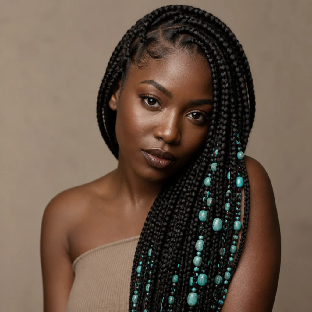 Side-swept jumbo box braids draped over one shoulder with turquoise stone-look beads concentrated on the front sections